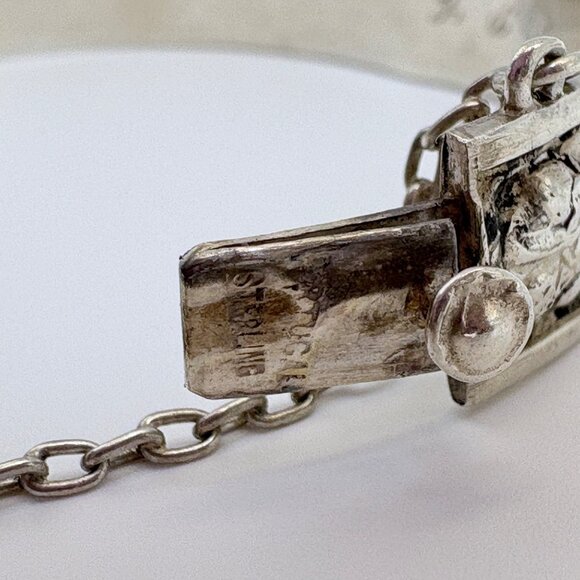 Antique Sterling Silver 925 Rose Flower Design Hinged Bangle Bracelet Size L - Picture 7 of 10